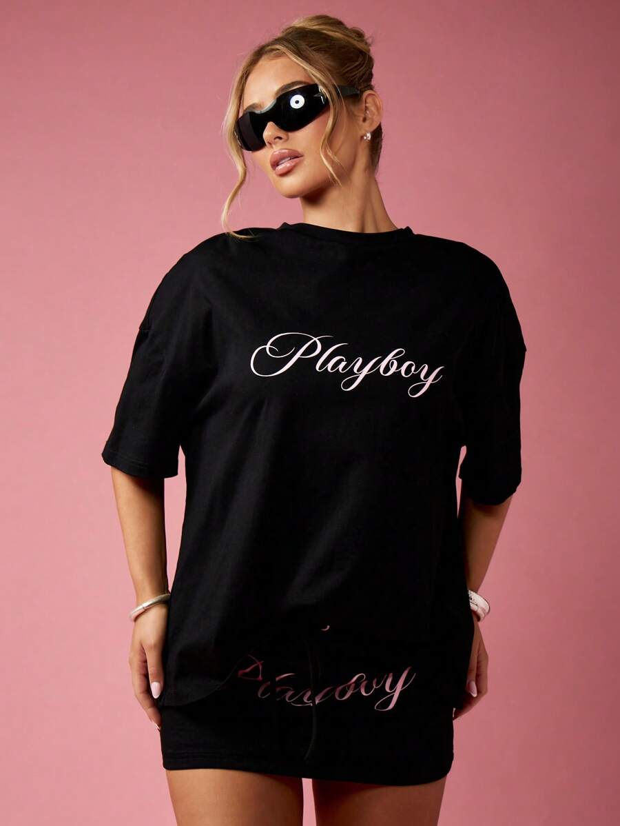 Missguided x Playboy 个性超大图案 T 恤，四季皆宜的街头潮流长款休闲 T 恤，带有标志性兔子图案，宽松休闲家居服