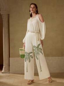 MOTF PREMIUM 亚麻褶饰镂空衬衫