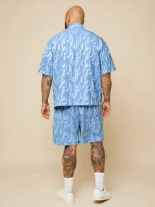 EASEVO 大码男士蓝色梭织短袖衬衫和短裤套装，适合夏季 - 藍色 - 查看 2