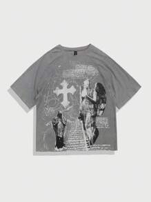 ROMWE MEN Street Life Men's Summer Goth Slogan & Cross Print Round Neck Short Sleeve Casual T-Shirt - Grey - View 1