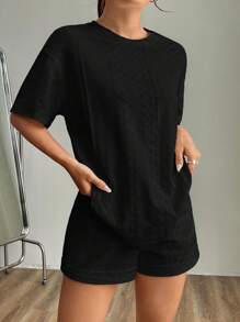 SHEIN EZwear Black Embroidered Crew Neck Short Sleeve & Short 2 Pieces Set, Plus Size Comfortable Two Piece Set
