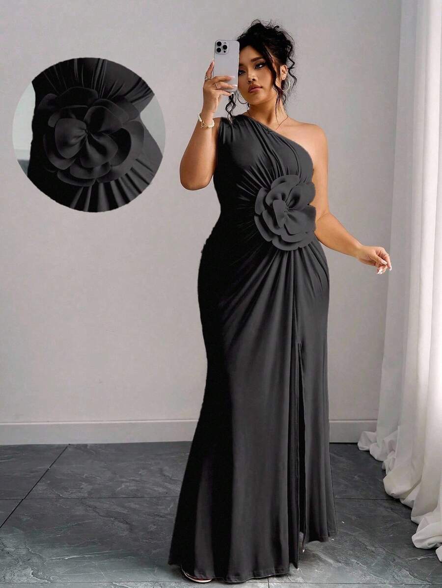 Elenzga 大码女式3D花卉印花斜领连衣裙 - 黑色 - 查看 1