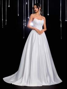 Glamrae 优雅奢华的白色手工珍珠叶紧身胸衣搭配荷叶边连衣裙