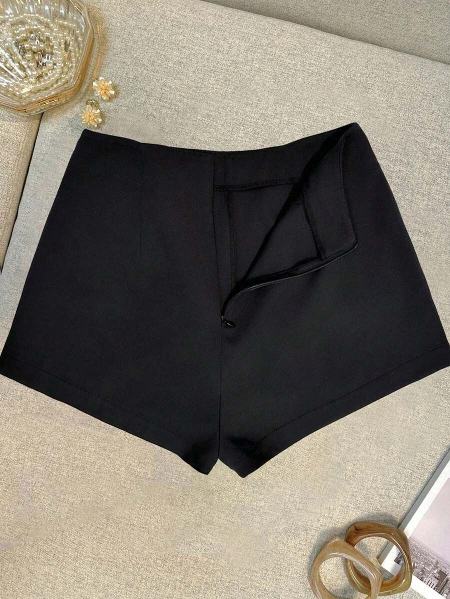 INAWLY Quần short nữ màu trơn có khóa kéo cỡ lớn, thường ngày đa năng - màu đen - Xem 1