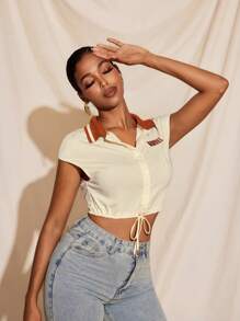 Harviee 罗纹领纽扣蝙蝠袖修身上衣，适合夏季女士度假 - 卡其色 - 查看 5