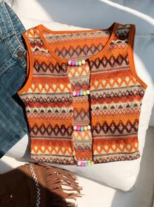 Comfortcana Allover Print Beaded Hollow Vacation Style Round Neck Tank Top - Multicolor - View 5