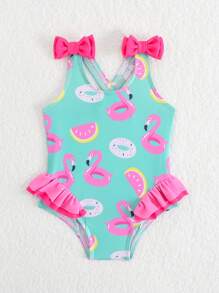 Wborn Newborn Swimsuit, Flamingo & Donut Green Printed Knit Fabric Ruffled Romper Swimwear, Shoulder Double Bow Design, Girls Fashion Casual Elegant Suitable For Swimming, Vacation, Summer Flamingo Swimsuit Baby Girl Swimsuit Toddler Swimsuit Toddler Girl Swimsuit Babygirl Swim Suit