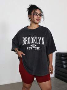 Dripcurv Plus Size Summer Casual Letter Print Short Sleeve T-Shirt - Black - View 5