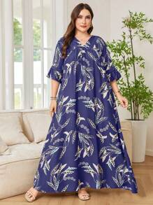 Lacomfia Casual Floral Print Ruffle Trim V-Neck 3/4 Sleeve Loose Fit Maxi Dress For Plus Size Women, Spring/Summer - Multicolor - View 5