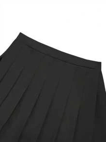 SHEIN Sparklyn 少女优雅百褶高腰裙，内衬短裤，二合一短裙短裤，百搭夏季单品，可搭配衬衫、T恤和 Polo 衫 - 黑色 - 查看 4