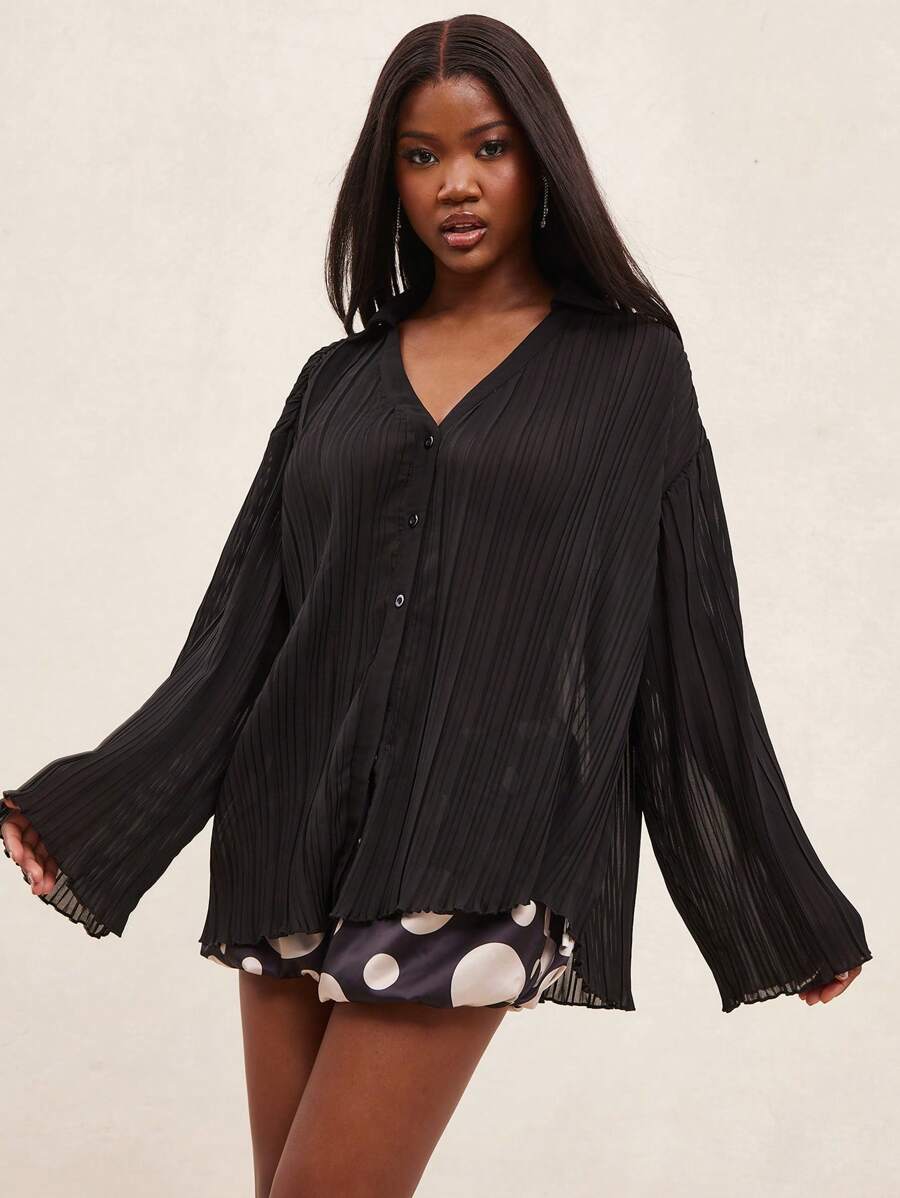 NYA SZN 超大款纹理长袖纽扣休闲日常百搭秋季必备女装节日嘉年华必备单品 - 黑色 - 查看 1