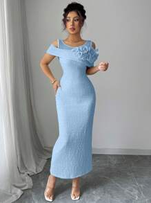 Modelyn Solid Color Mesh Splice Raised Floral Cut-Out Shoulder Midi Dress For Women