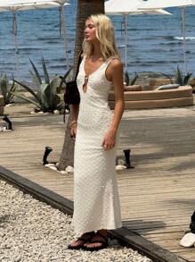 SHEIN EZwear Apricot Women Textured Sleeveless Hollow Design Long Dress,Graduation Dress,Vacation Dress - Beige - View 3