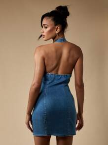 MISSGUIDED Denim Halter Neck Mini Dress With Front Keyhole Cut Out Tie Detail Summer Party Club Festival Y2K Bodycon Dress - Medium Wash - View 2