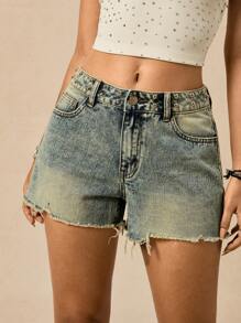 Easelle 女式休闲磨边口袋铆钉牛仔短裤