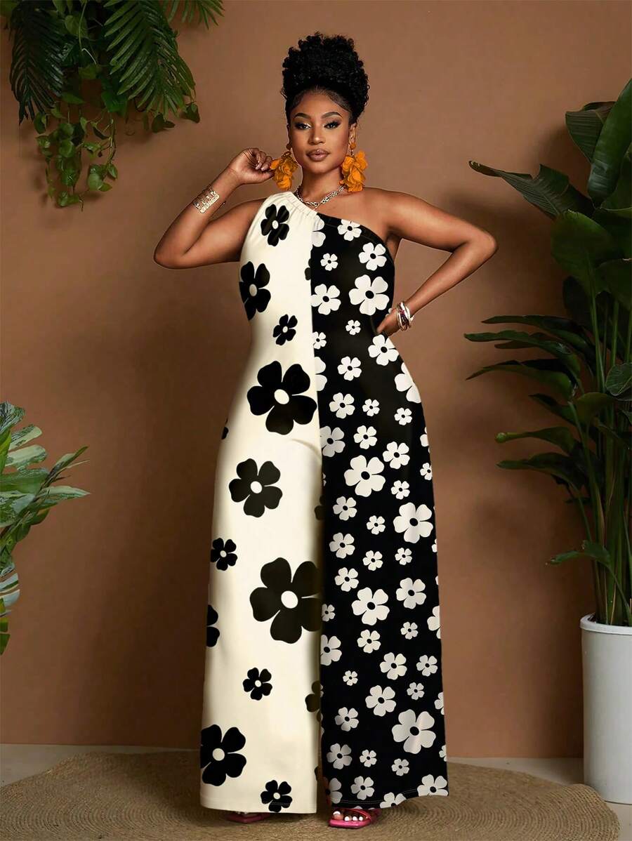 Maweii Bộ đồ liền thân rộng rãi in họa tiết hoa kỹ thuật số bằng vải chiffon cỡ lớn dành cho nữ, phong cách thời trang thường ngày - Nhiều màu - Xem 1