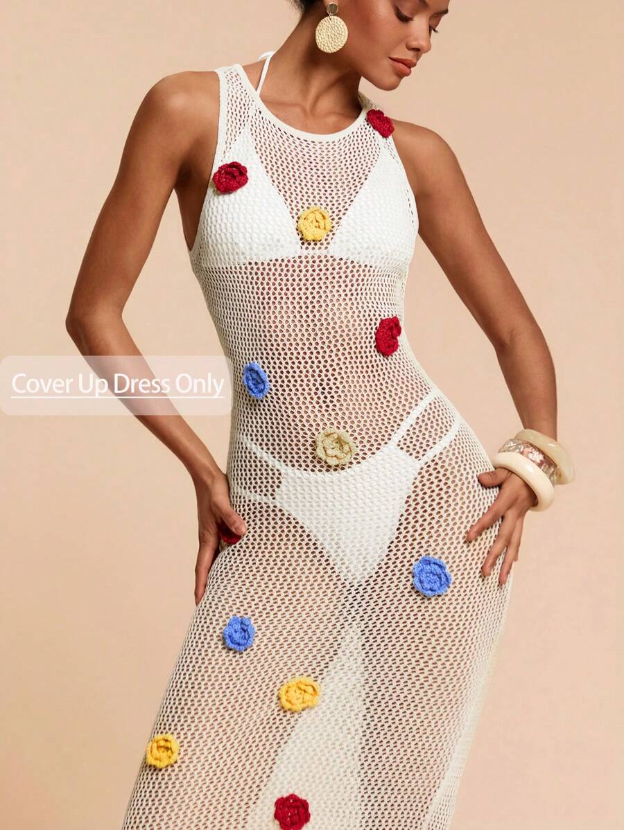 Travachic 女士度假风3D花卉镂空无袖罩衫连衣裙 - 米色 - 查看 1