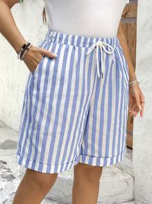 SHEIN LUNE Pantalones cortos cómodos, casuales y versátiles para usar en exteriores y en casa, de talla grande, con rayas de colores y bolsillos grandes, estilo boho vaquero, para el festival Old Money, ropa occidental bohemia, hippie de verano, de algodón para el verano, prendas de verano lindas para mujeres.