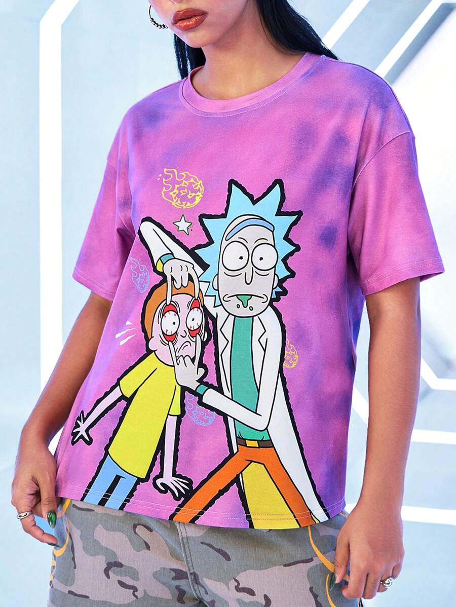Rick and Morty X SHEIN 卡通图案扎染圆领短袖T恤，夏季 - 紫色 - 查看 1