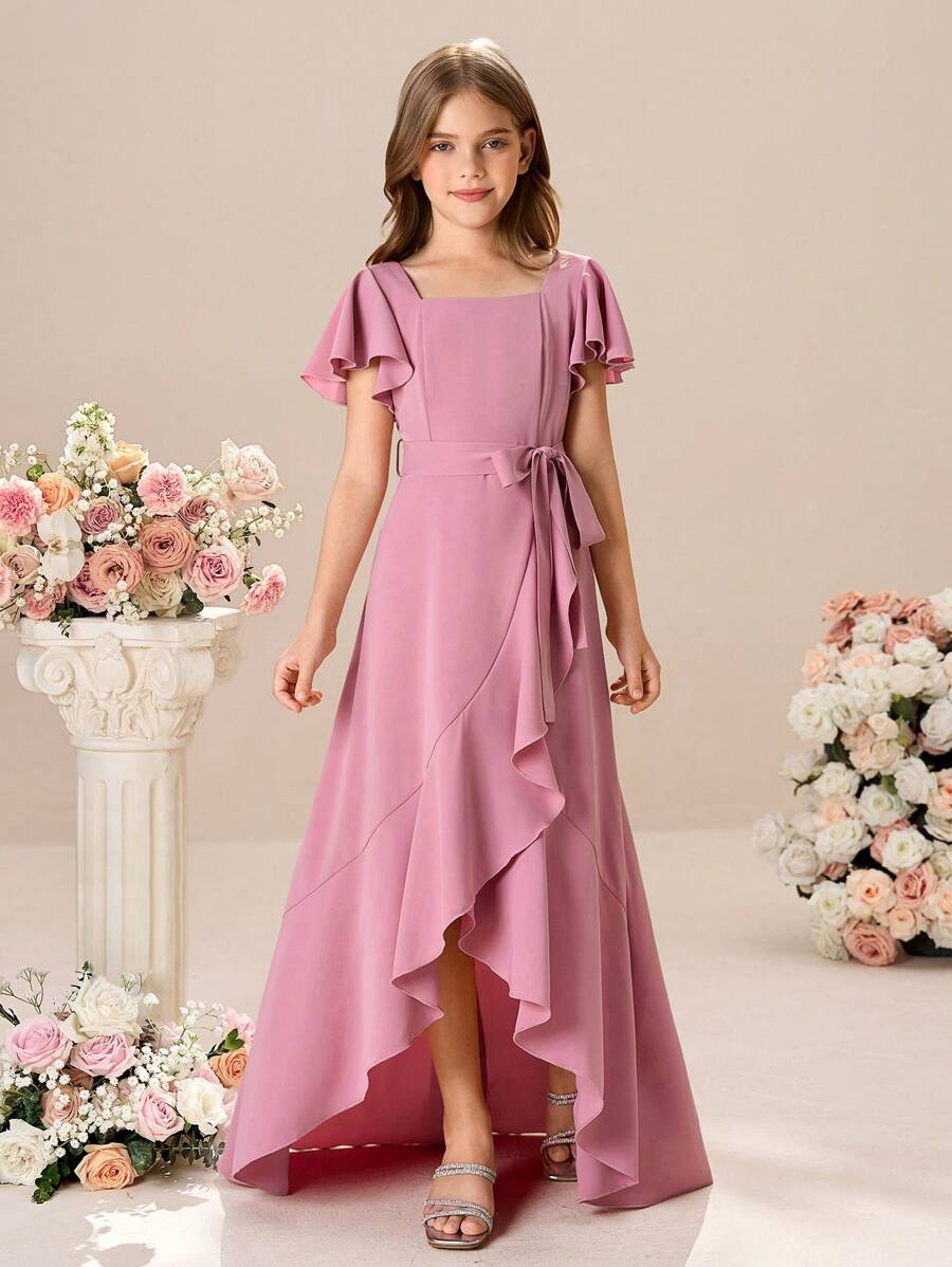 SHEIN Tween Girl Woven Plain Square Neck Ruffle Trim Dress, Party Wear - Pink - View 1