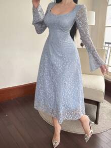 DAZY 女士蕾丝方领喇叭袖长裙，正式女士连衣裙，秋季连衣裙长袖连衣裙奢华舞会礼服 - 藍色 - 查看 3
