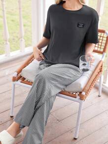 SHEIN 纯色休闲字母图案T恤上衣和条纹提花长裤睡衣套装 - 深灰色 - 查看 5