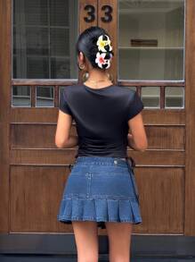 SHEIN ICON 女式纯色休闲褶皱牛仔短裤