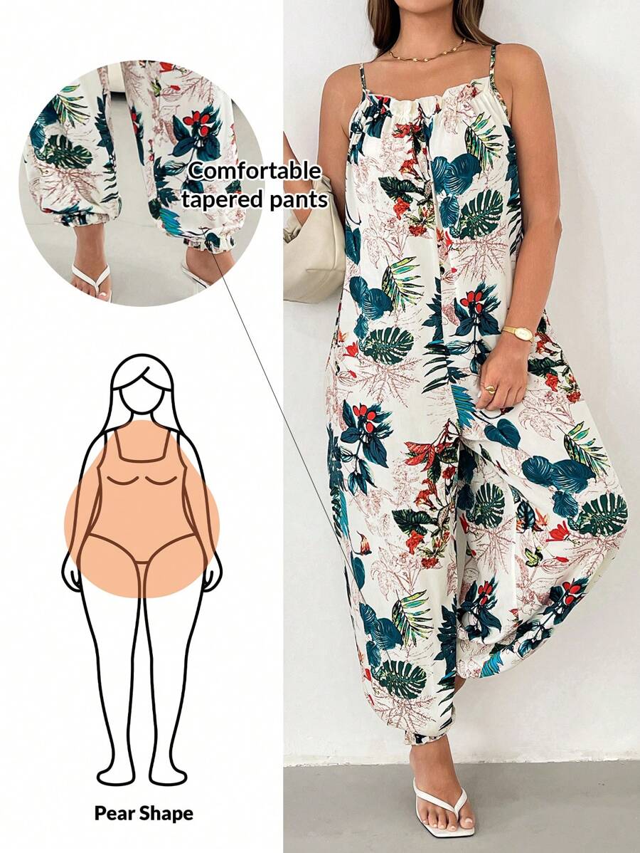 SHEIN Essnce Plus Size Women's Spring And Summer Fashion Casual Loose Comfortable Cool Light Daily Printed Apricot Suspender Jumpsuit,Beach Outfits For Woman,Boho Women Clothing,Cruise Outfits Women,Hawaii Outfits Women,European Summer,Curve Cute Clothes - Beige - View 1