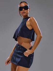 MUSERA Ribbed Sleeveless Flare Hem Cropped Top Spring, Summer, Streetwear, Y2k, Cool Girl,City Muse Fall - Black - View 3