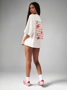 MISSGUIDED 甜美樱桃复古印花超大T恤夏季水果图案美学休闲街头服饰节日季怀旧 - 白色 - 查看 3