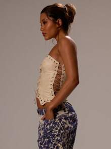 MUSERA Áo corset giả da buộc dây, kiểu quây, viền cong, thích hợp cho lễ hội, hòa nhạc, tiệc tùng, câu lạc bộ, những buổi tối gợi cảm, đi chơi đêm, mùa xuân hè, kỳ nghỉ. - Kem - Xem 4