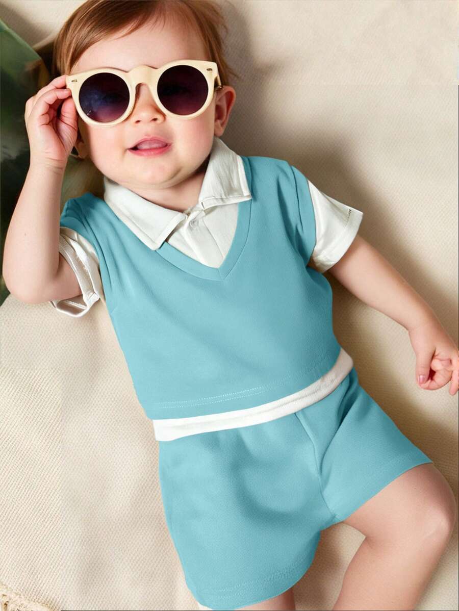 SHEIN 2 件套新生男婴/女婴绿白领开衫短袖上衣和短裤休闲装，适合上学、户外、居家 - 彩色 - 查看 1