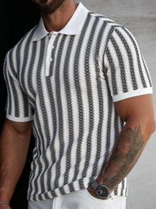 Manfinity CasualCool Áo thun Polo sọc tay ngắn cho nam, thời trang cho mùa hè - Đen và trắng - Xem 1