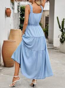 Women's Fashion Front-Open Elegant Solid Color Waisted Long Dress - Light Wash - View 2
