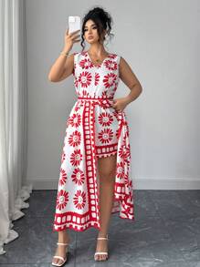 Elenzga Mono bohemio de talla grande para mujer, con estampado tropical rojo, cintura alta y fluido, elegante y de moda para el verano
