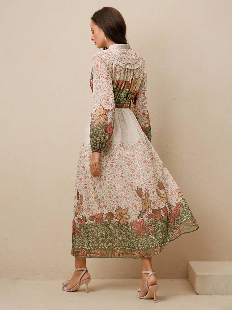 Bohemian Beach Resort Style Vintage Print Waist-Cinched Stand Collar Long Sleeve Women Dress