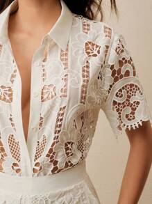 Anewsta Premium Embroidery & Lace Detail Short Sleeve Blouse And Wide Leg Pants Suit For Women - Apricot - View 5