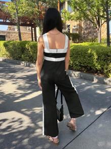 Tween Girls' Black & White Contrast Design Jump Suit, Casual Commuting Fashion Daily Versatile - Black - View 5