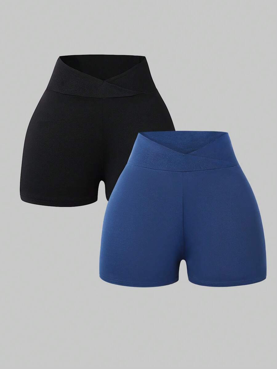 2 paia di pantaloncini atletici neri semplici, con vita a strati, aderenti, adatti per uso quotidiano, estate