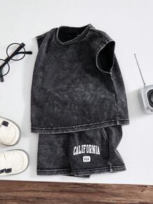SHEIN Playful Pals Newborn Baby Boys' Black Acid Washed Casual Loose Knit Denim English Print 2-Piece Set, Simple & Fashionable For Everyday Wear - Black - View 4