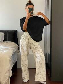 DAZY Solid Color Loose T-Shirt Tops & Floral Line Drawing All Over Print Pajama Pants 2Pcs Sleepwear Set Lounge Set Women - Black - View 5