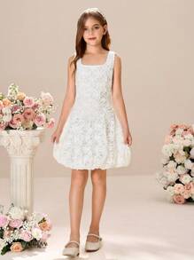 Tween Girls' Woven Mesh Embroidered Cami Snug Fit Dress - White - View 5