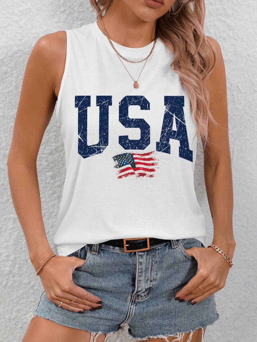 EMERY ROSE Áo ba lỗ không tay dáng rộng họa tiết cờ tối giản dành cho nữ ngày 4 tháng 7, mỏng nhẹ, thích hợp cho mùa hè - trắng - Xem 1