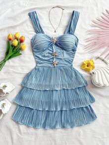 Soleia 度假绿色牙签褶饰金属海星镂空荷叶迷你背心裙 - 藍色 - 查看 3