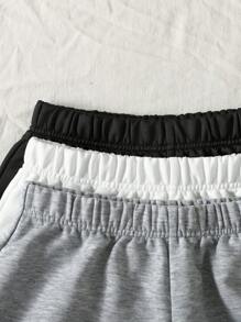 SHEIN 青少年女孩三件套黑色、白色、灰色松紧腰针织宽松休闲短裤，四季百搭，返校服，家居服，简约纯色运动短裤