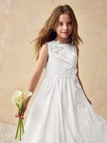 Ontre Tween Girl Elegant Solid Color 3D Floral Decor Dress - White - View 4