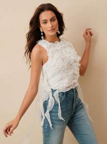 Anewsta Camiseta sin mangas de mujer de verano con cuello redondo, diseño de volantes de malla multicapa y color liso - Blanco - Ver 6