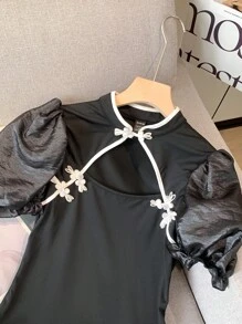 Modelyn 女式纽扣镂空泡泡袖修身上衣 - 黑色 - 查看 6