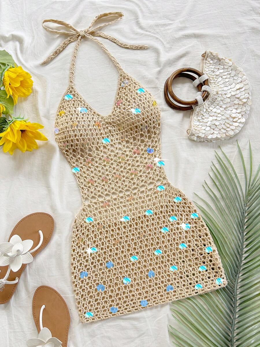 Soleia Abito corto elegante boho con paillettes, senza schienale, adatto per matrimoni in spiaggia primaverili/estivi, lauree, brunch, San Patrizio, vacanze di primavera, Pasqua, festival musicali