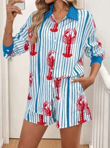 Chiquease Bộ áo sơ mi sọc in hình tôm hùm và quần short, tay dài - Màu xanh nhạt - Xem 4